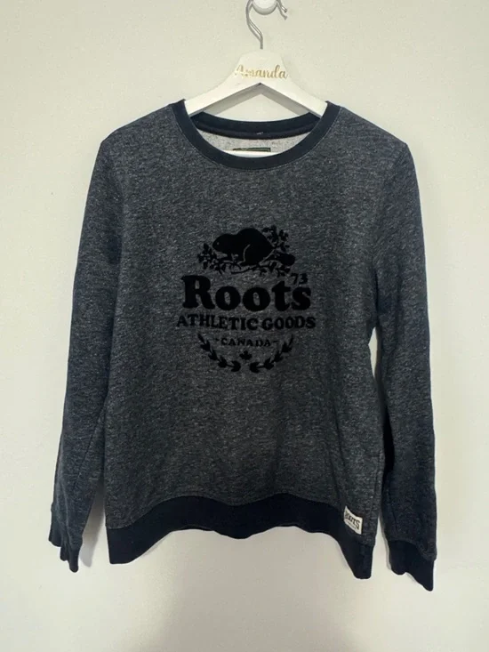 Roots Women's Charcoal Gray Crewneck Sweatshirt with Black Logo - Picture 1 of 4